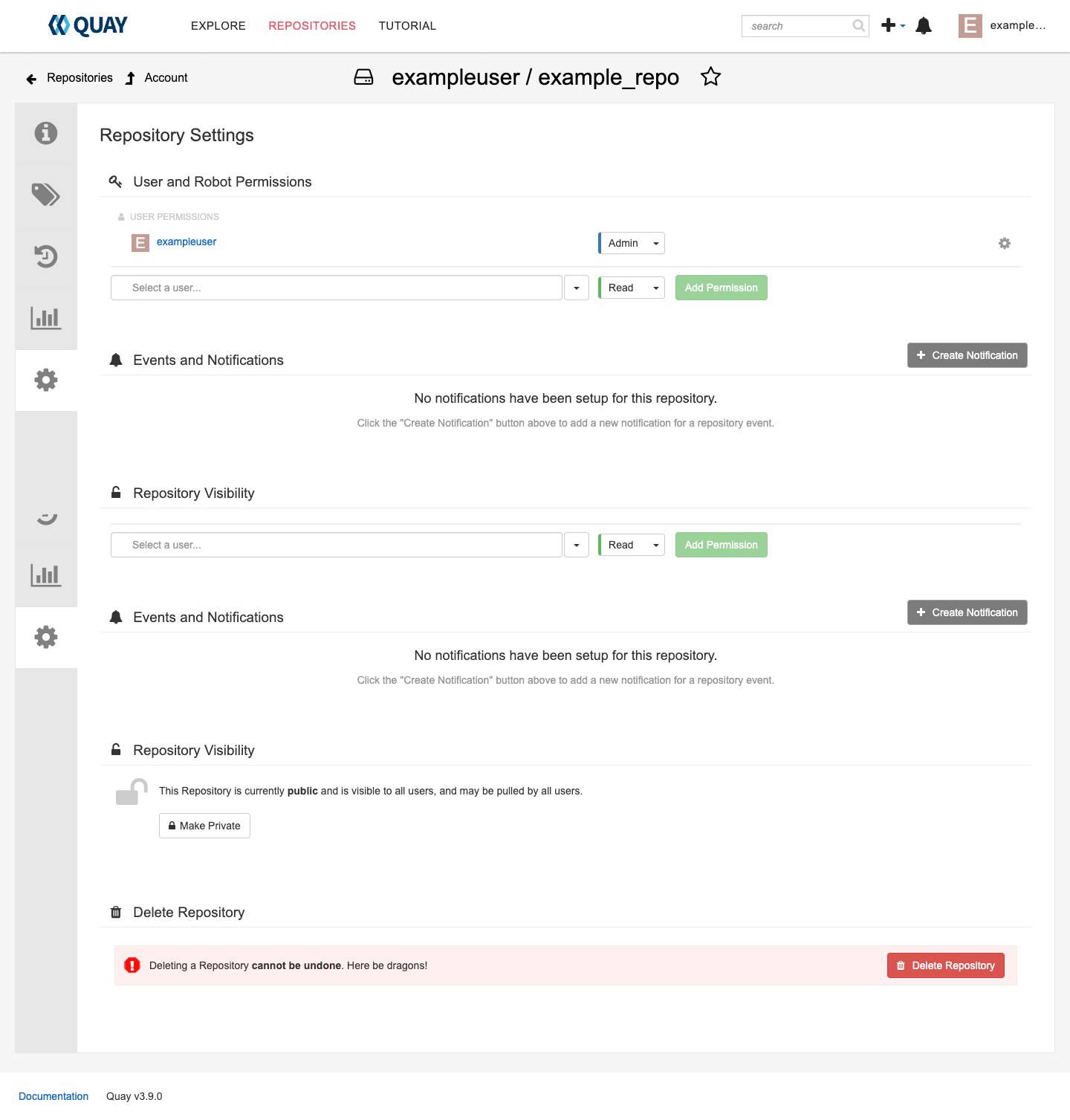 The Project Quay repository settings screen