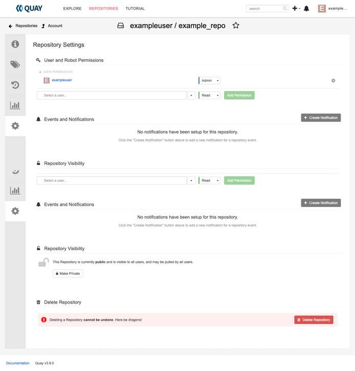 The Project Quay repository settings screen