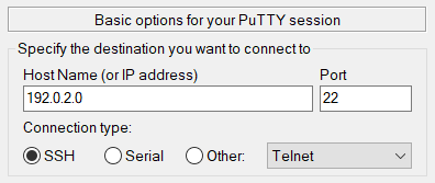Screenshot of the destination server details form on PuTTY