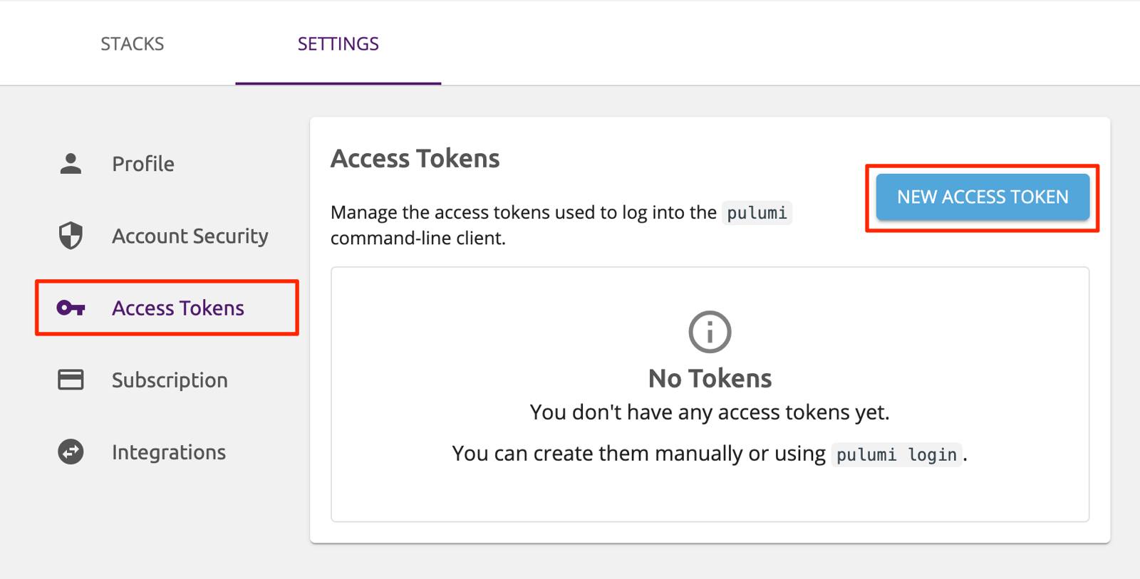Location of Pulumi Access Token page