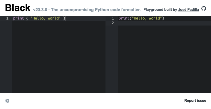 Python Hello, World in the online Black Playground.