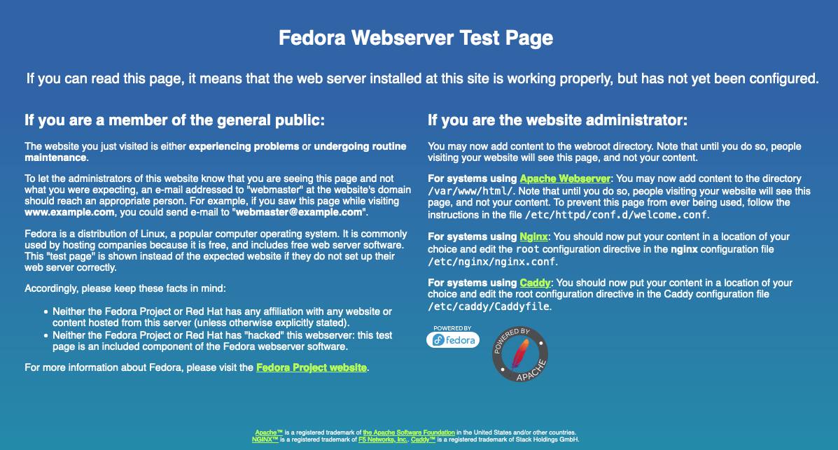 The default Fedora web landing page