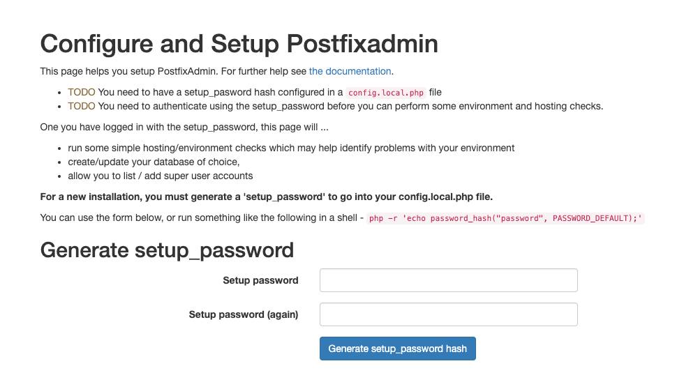 The PostFixAdmin initial setup page.