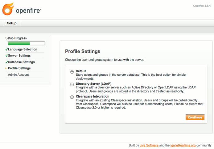 Profile storage selection in Openfire setup on Debian 5 (Lenny).