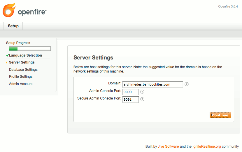 Domain and admin ports selection in Openfire setup on Ubuntu 10.04 (Lucid).