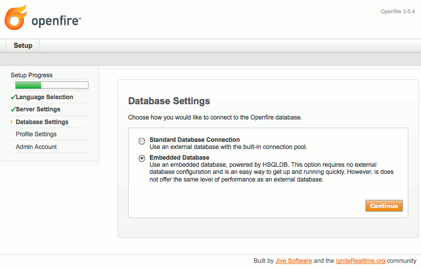 Database type selection in Openfire setup on Ubuntu 10.04 (Lucid).