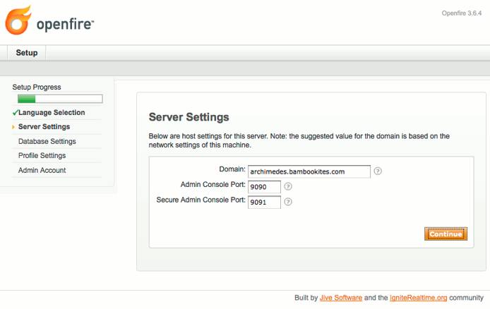 Domain and admin ports selection in Openfire setup on Ubuntu 9.10 (Karmic).