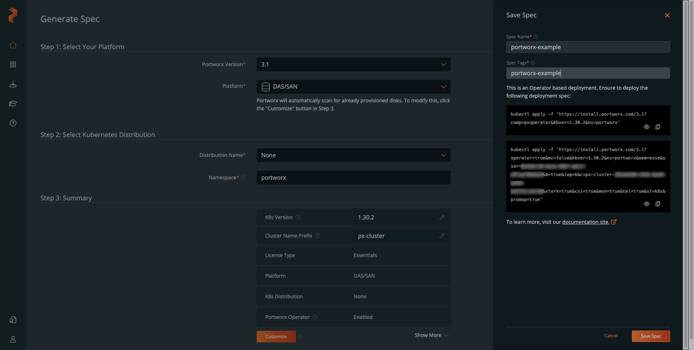 The Save Spec sidebar of the Generate Spec page in Portworx Central