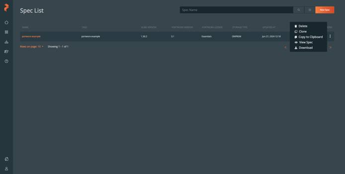 The Spec List section of Portworx Central with portworx-example listed and its action menu opened.