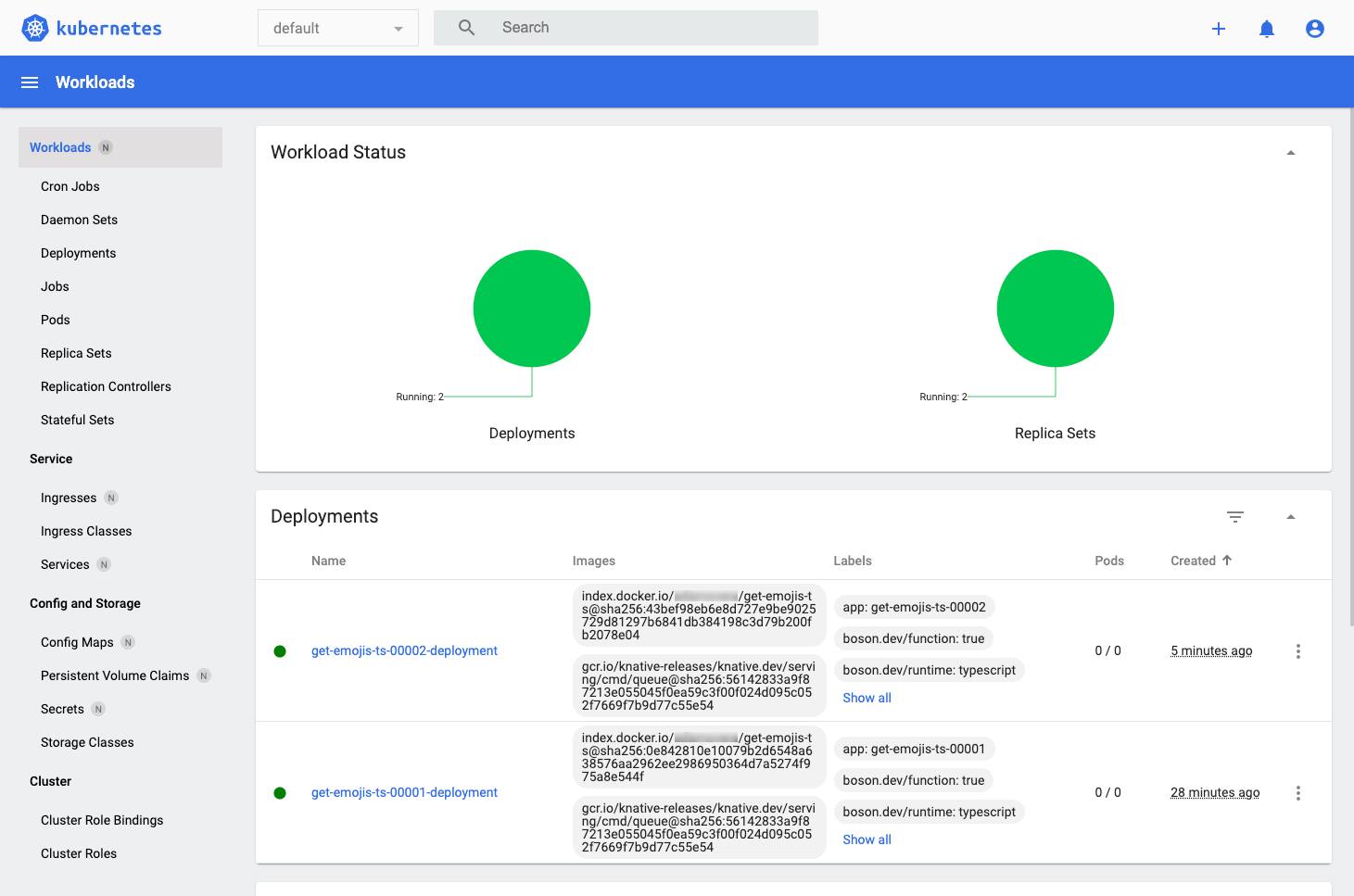 The default Kubernetes Dashboard showing the get-emojis-ts deployment.