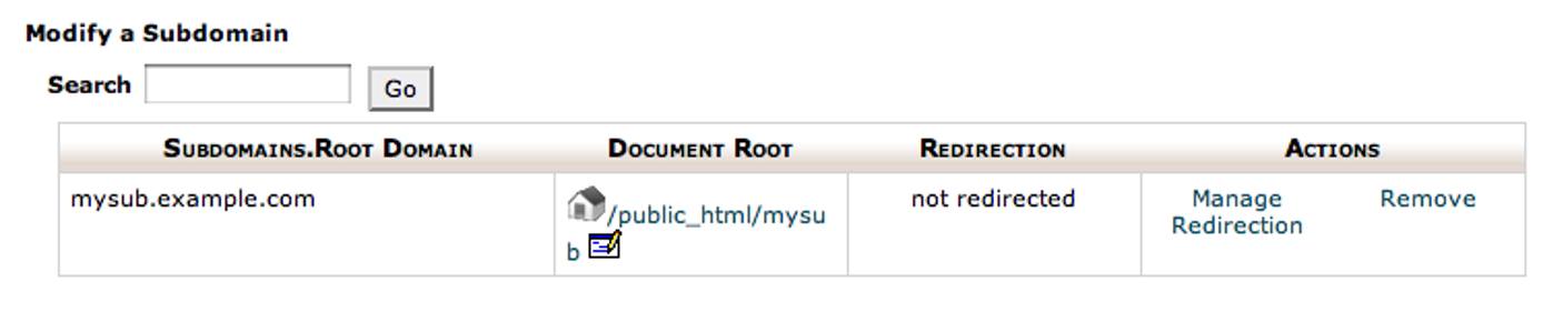 cPanel subdomain screen. cPanel subdomain screen.