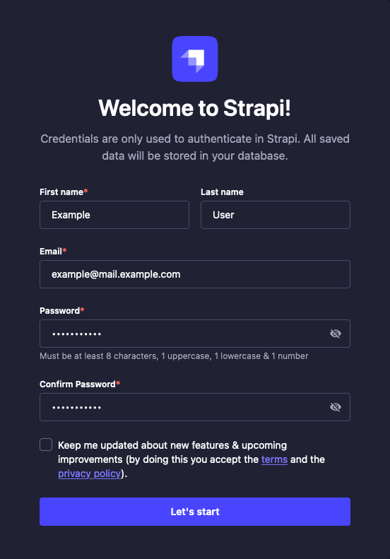 Strapi initial administrator user creation