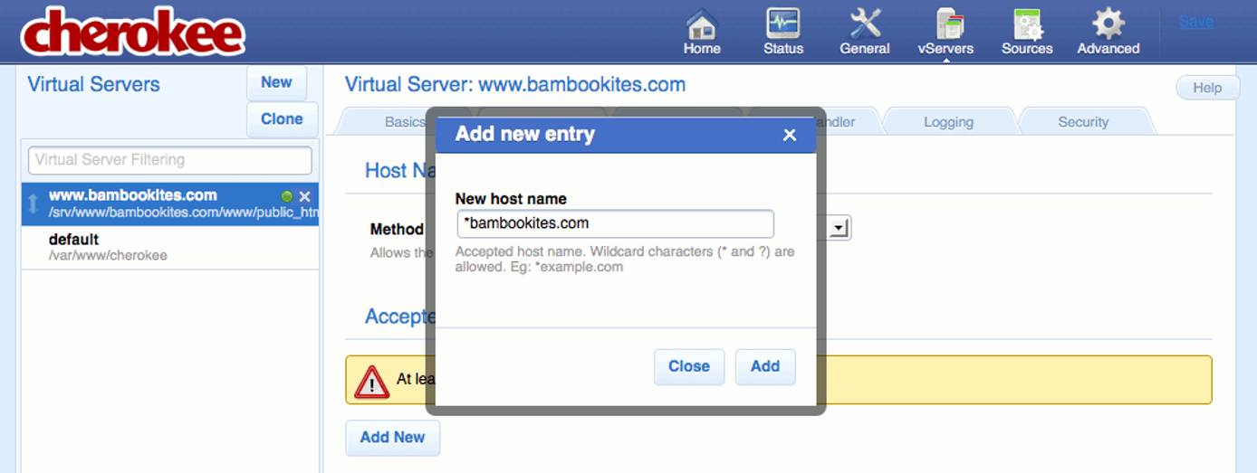 Specifying which host patterns should match inbound requests on the vServers page of the Cherokee admin panel on Fedora 13.