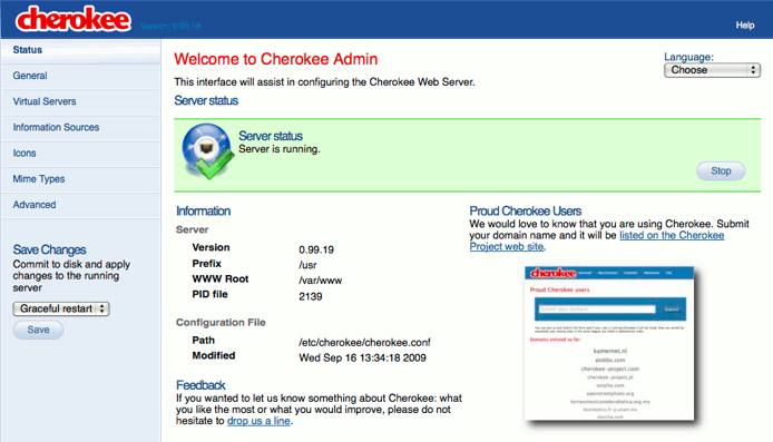 The cherokee-admin web server administration interface running on an Ubuntu Linux 9.10 (Karmic) Linode.
