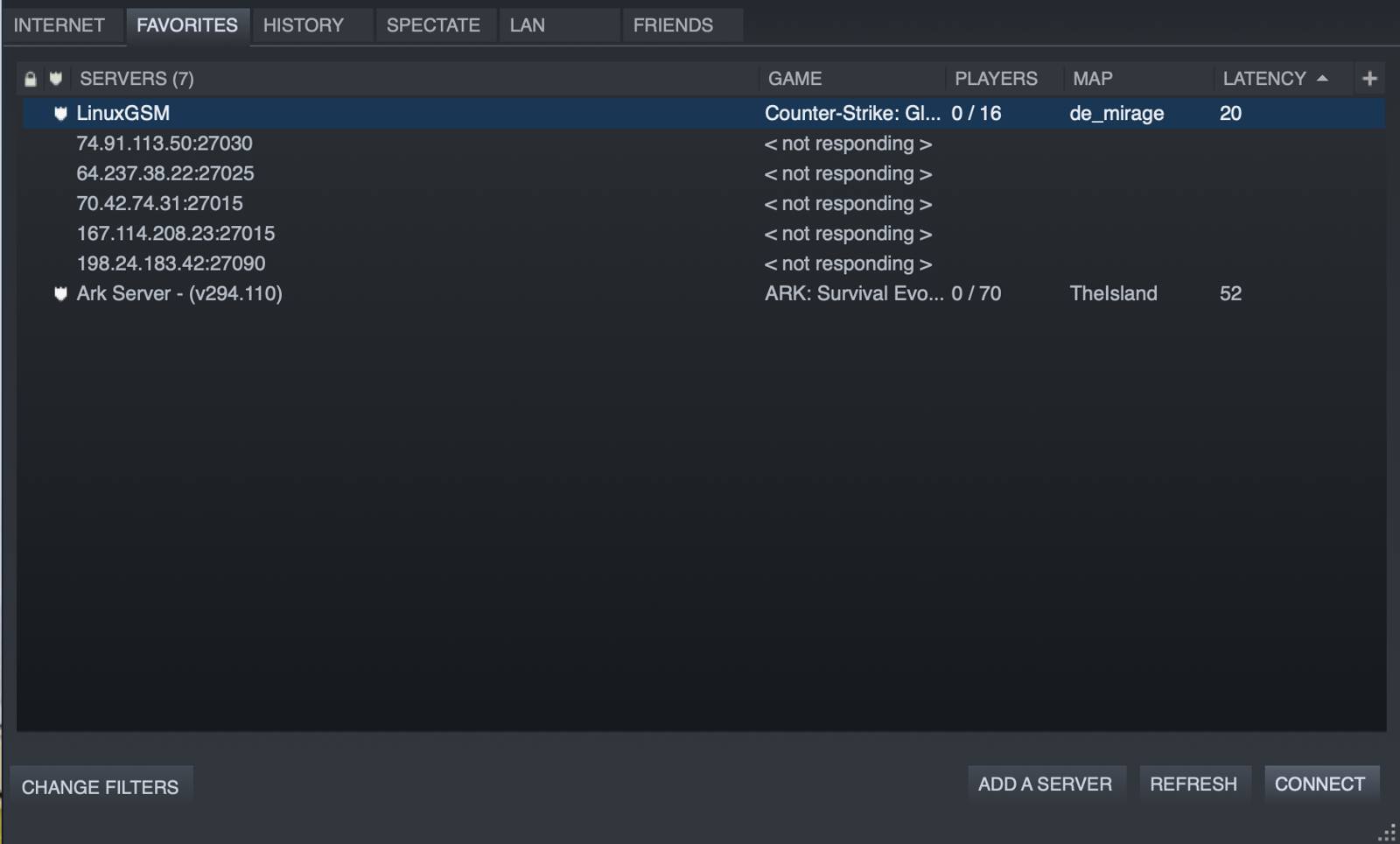 The Steam favorite servers dialog box.