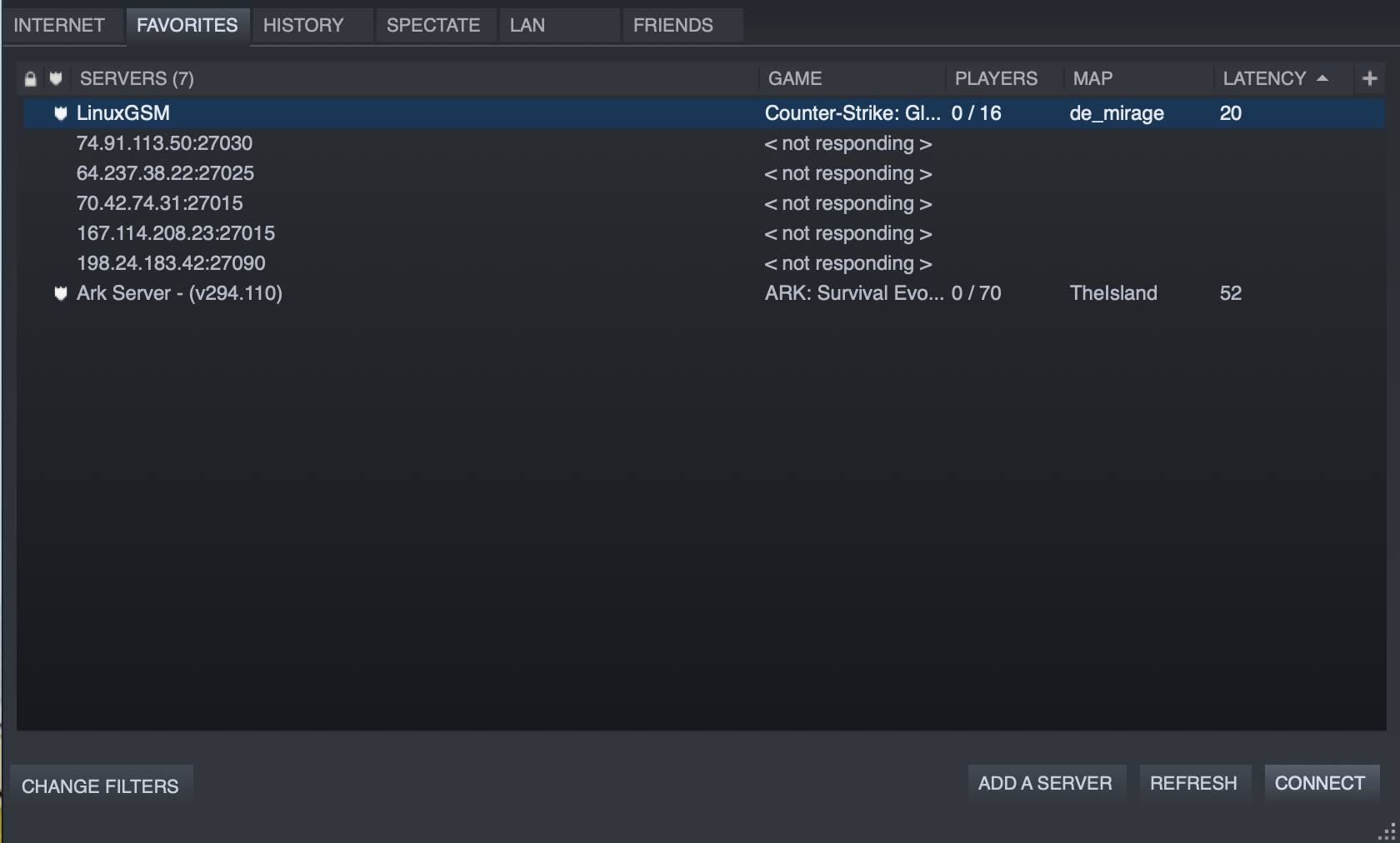 The Steam favorite servers dialog box.