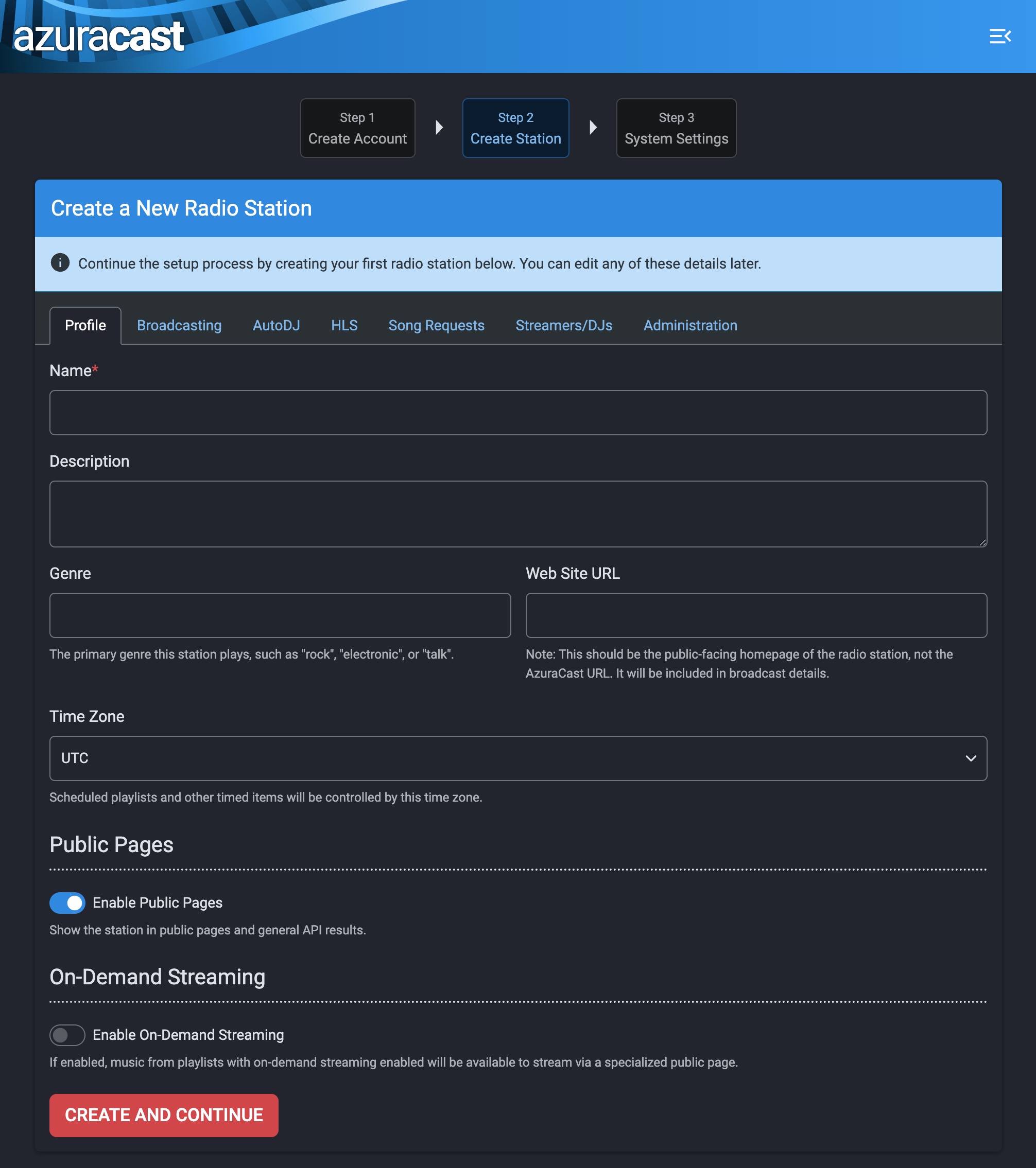 AzuraCast Create Station “AzuraCast Create Station”
