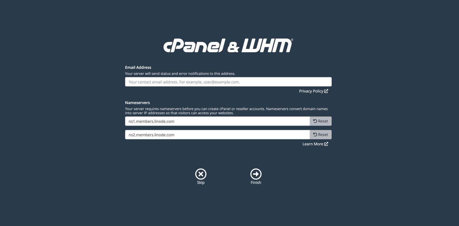 Provide an email address and your Linode nameservers.