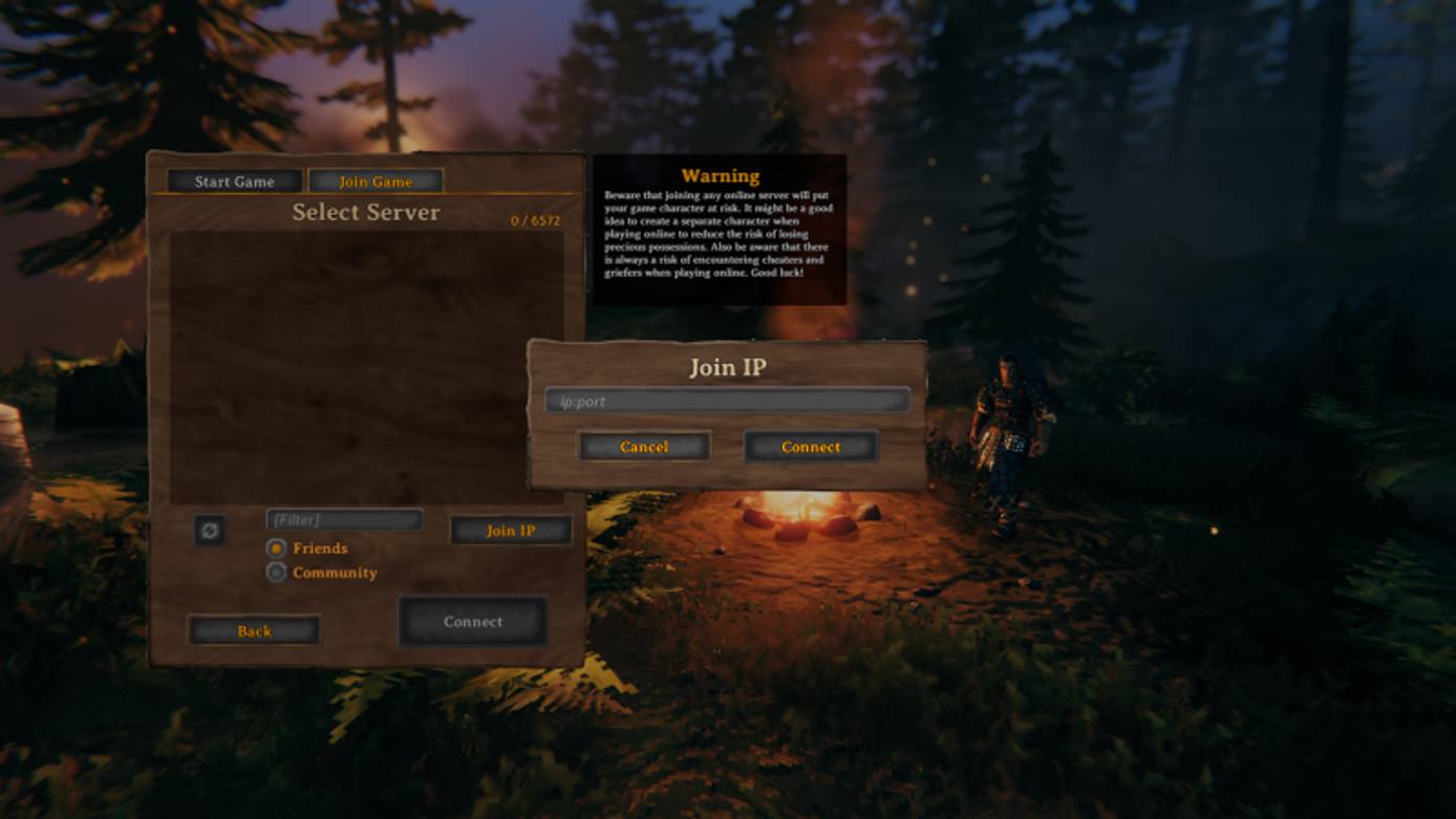 Valheim Select Server screen