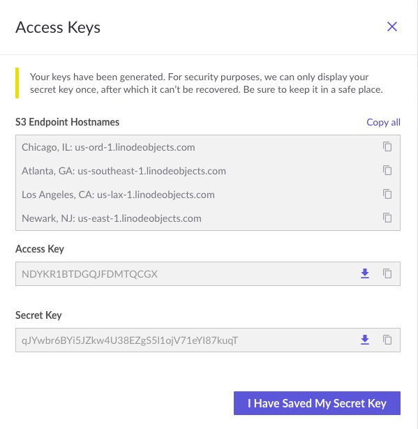 The access key and secret key displayed within the Cloud Manager
