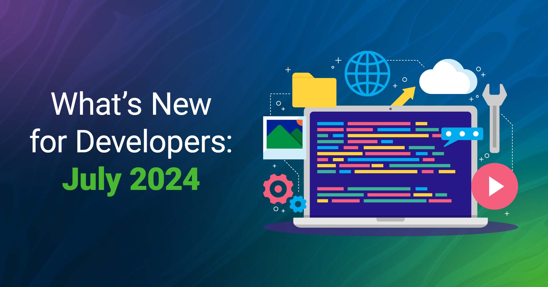 Imagem de cabeçalho com o texto What&#039;s New for Developers 2024 (Novidades para Programadores 2024) e um computador portátil à direita, rodeado por diferentes ícones relacionados com a informática, como o ícone de reprodução, a chave inglesa, a nuvem, o globo, a pasta e o ícone de imagem.