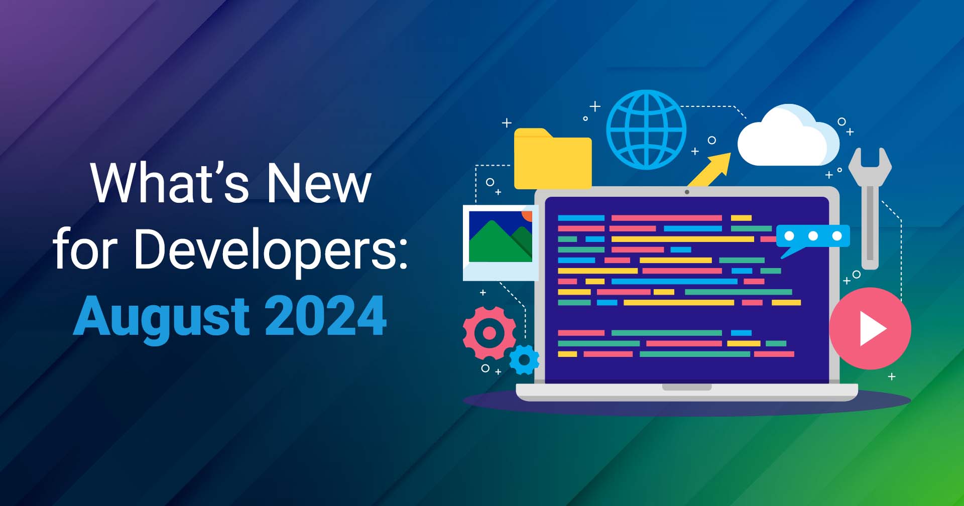 The text "What's New for Developers: August 2024" with an illustration of a laptop with colorful code and a variety of symbols in the background, including a cloud, file folder, and a wrench