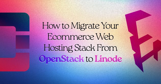 왼쪽에는 OpenStack 로고가 있고 오른쪽에는 파란색, 노란색, 보라색으로 된 Linode 로고가 있는 배너입니다. 텍스트는 &quot;전자상거래 웹 호스팅 스택을 오픈스택에서 리노드로 마이그레이션하는 방법&quot;이라는 문구와 함께 오픈스택과 리노드가 다른 색상으로 강조 표시되어 있습니다.