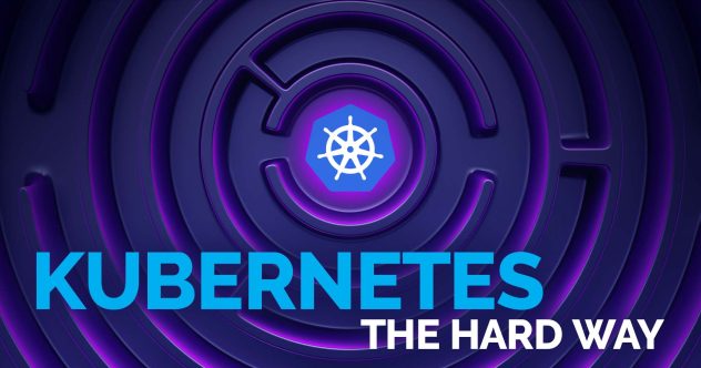 Un motivo circolare simile a un labirinto, di colore viola, incentrato sul simbolo di Kubernetes. Il testo recita: &quot;Kubernetes the Hard Way&quot;.