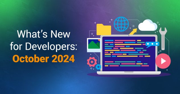 Der Text &quot;What&#039;s New for Developers: Oktober 2024&quot; mit der Illustration eines Laptops mit buntem Code und einer Vielzahl von Symbolen im Hintergrund, darunter eine Wolke, ein Dateiordner und ein Schraubenschlüssel