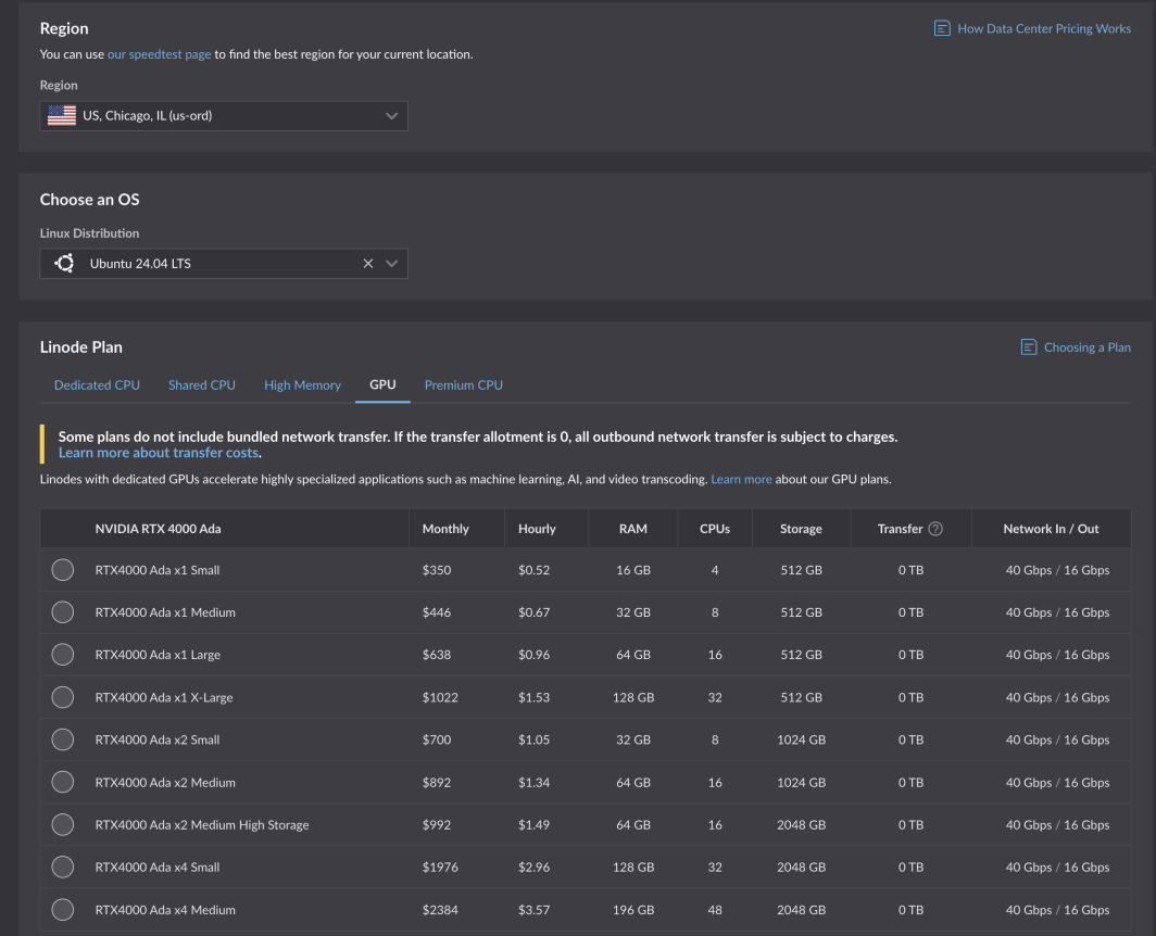 Captura de pantalla de la interfaz de usuario de Cloud Manager en la que se muestra Chicago como región seleccionada y la lista de planes RTX 4000 Ada Generation GPU disponibles para la implantación.